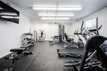 A well-equipped gym with various exercise machines and weights.